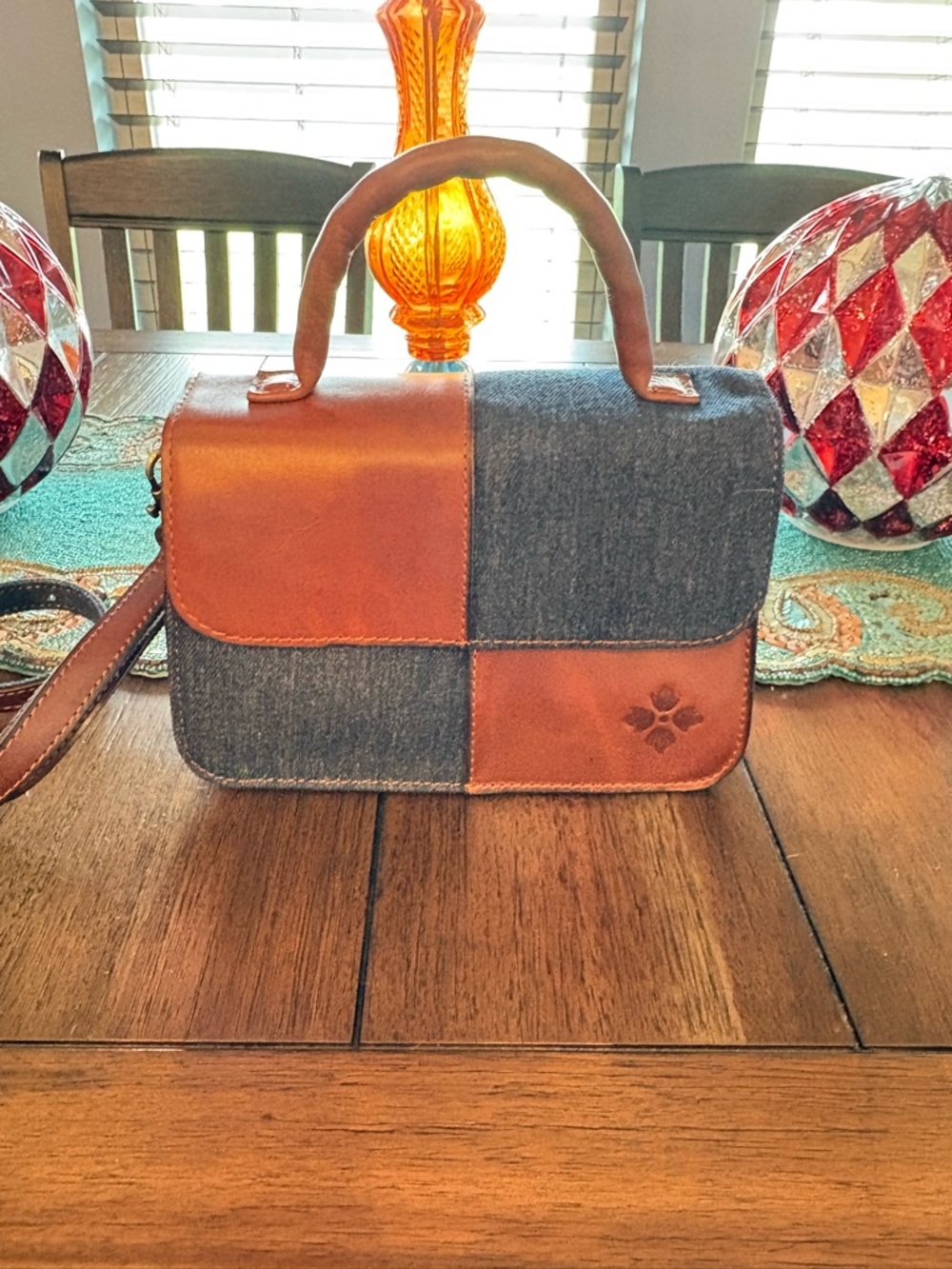 Patricia Nash Denim and Brown Patchwork Mini Satchel